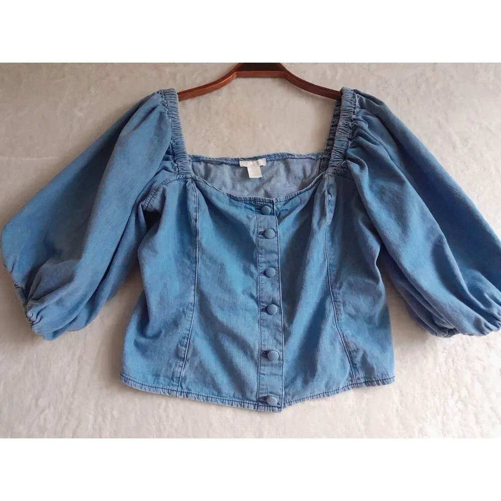 Womens XL Balloon Sleeve Peasant Boho Hippie Cropped Milkmaid Denim Blouse - Picture 1 of 7